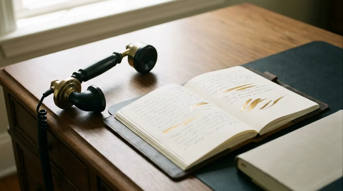 A telephone handset resting beside an open notebook in warm light