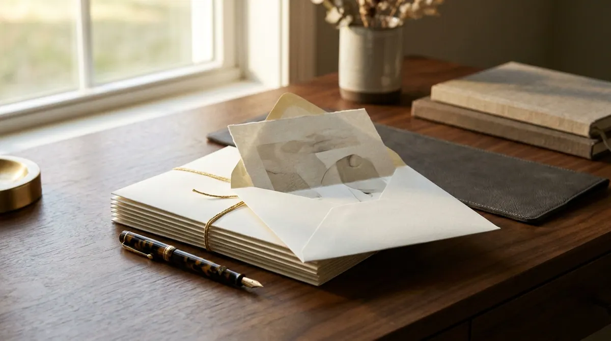 A neat stack of cream envelopes with a folded letter and fountain pen