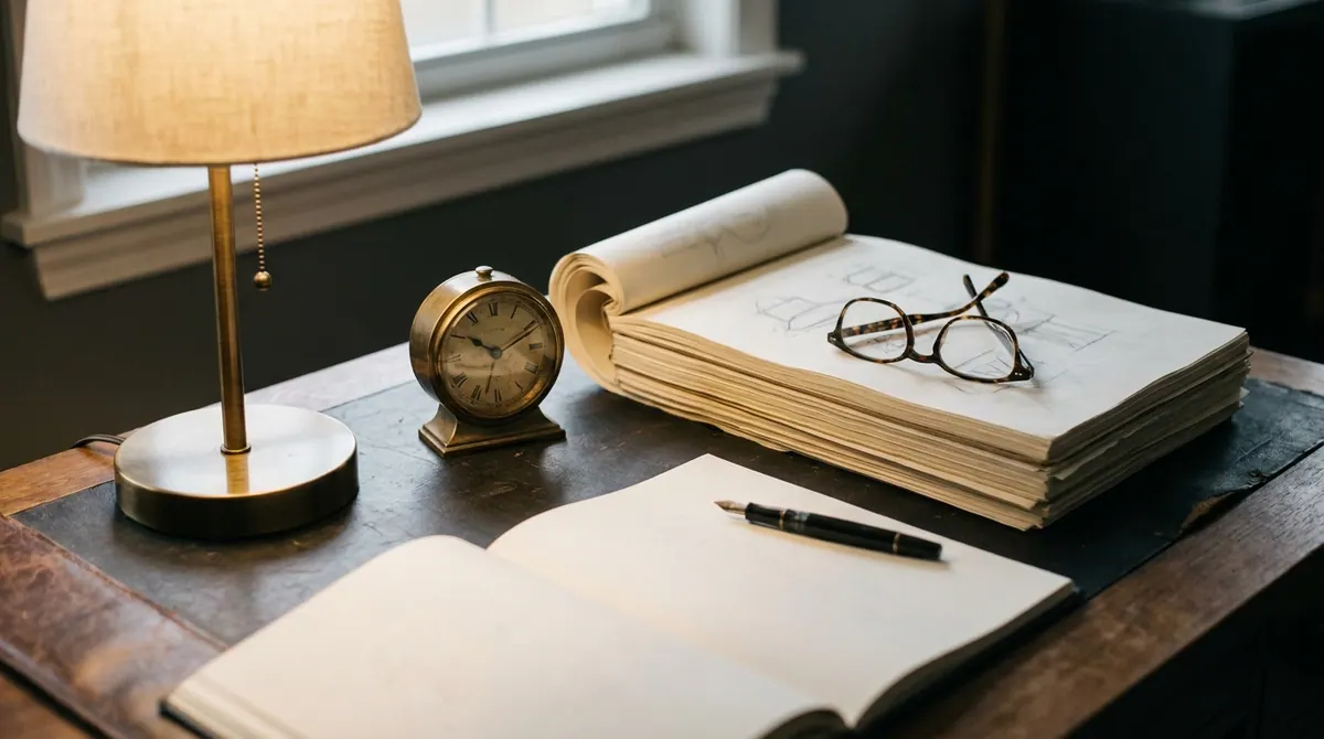 A brass desk clock beside a tall stack of drafted pages at dusk
