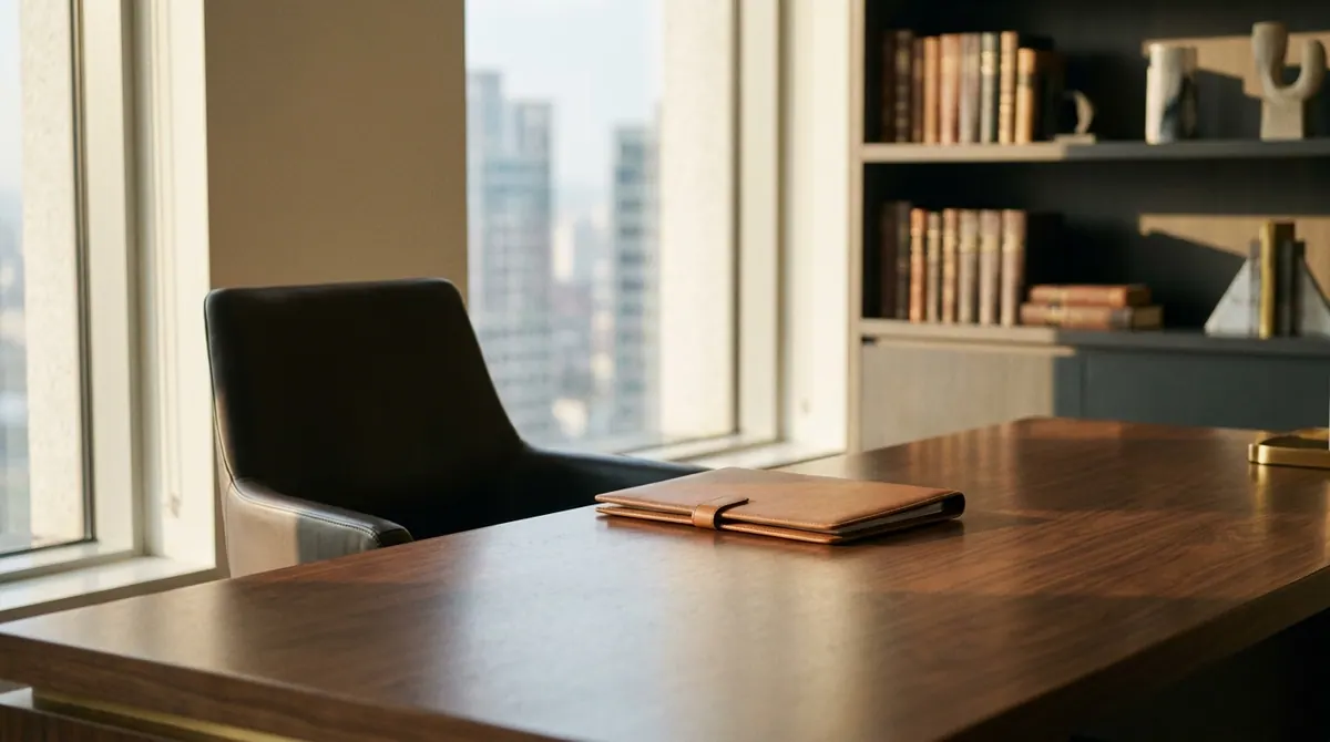 An empty leather interview chair facing an owner's desk in morning light