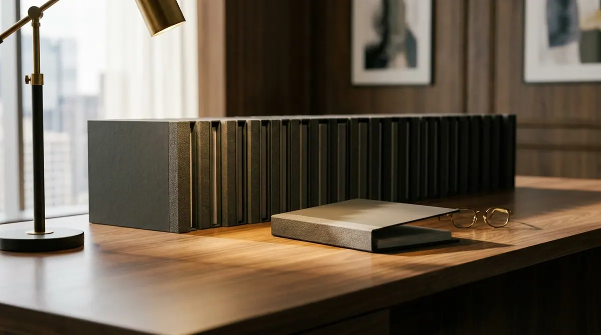 One document folder pulled from a row into warm lamplight