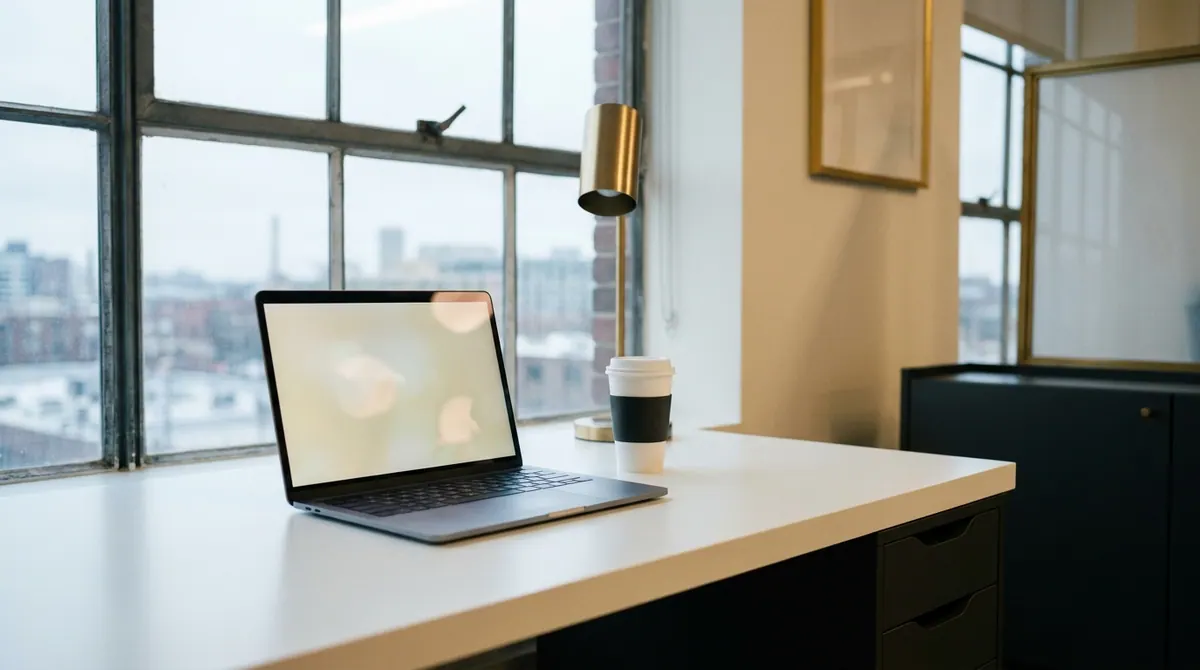 An anonymous white desk with an open laptop in cold light