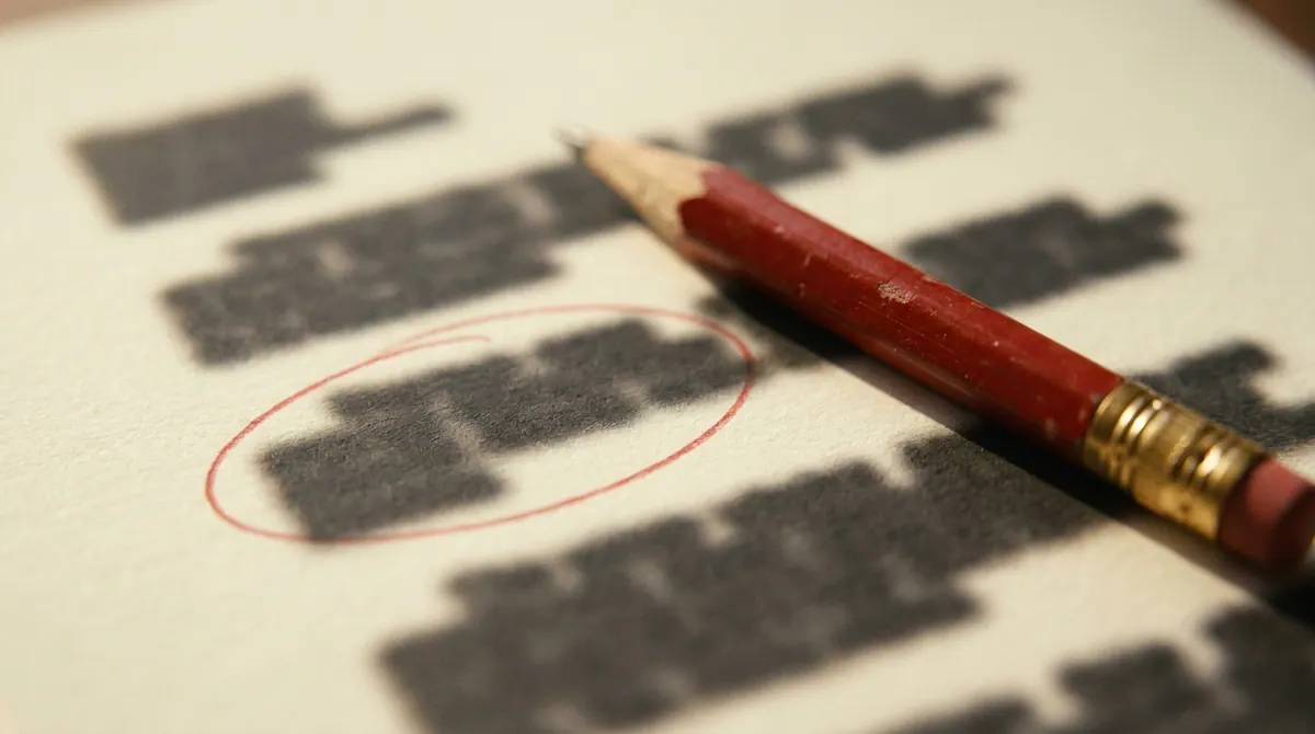 A red editor's pencil resting on a printed report page with a paragraph circled