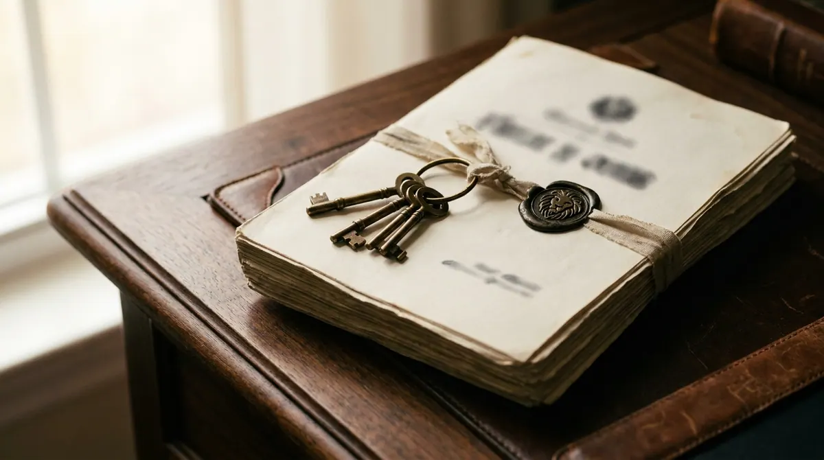 A ring of brass keys resting on a thick bound document with an embossed seal
