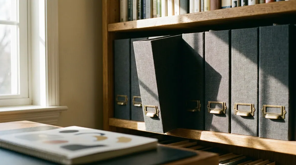 A row of charcoal binders with brass label plates on a wooden shelf, one pulled halfway out