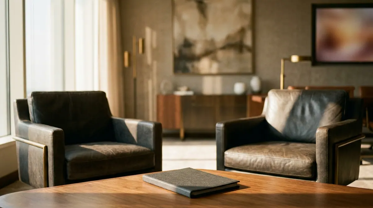 Two leather chairs facing each other across a small meeting table with a closed folder between them