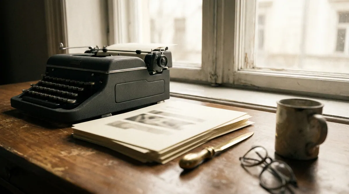 A vintage typewriter beside a neat stack of typed pages in morning light