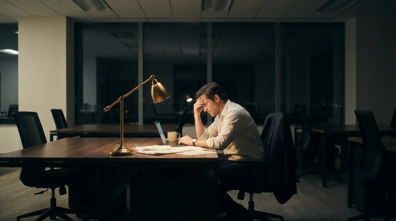 An agency principal working alone at night in an empty office