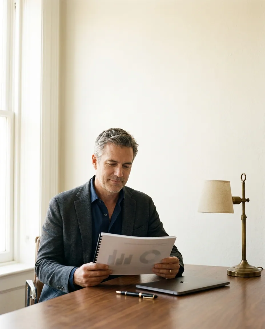 Firm owner reviewing a printed client summary at a desk in window light