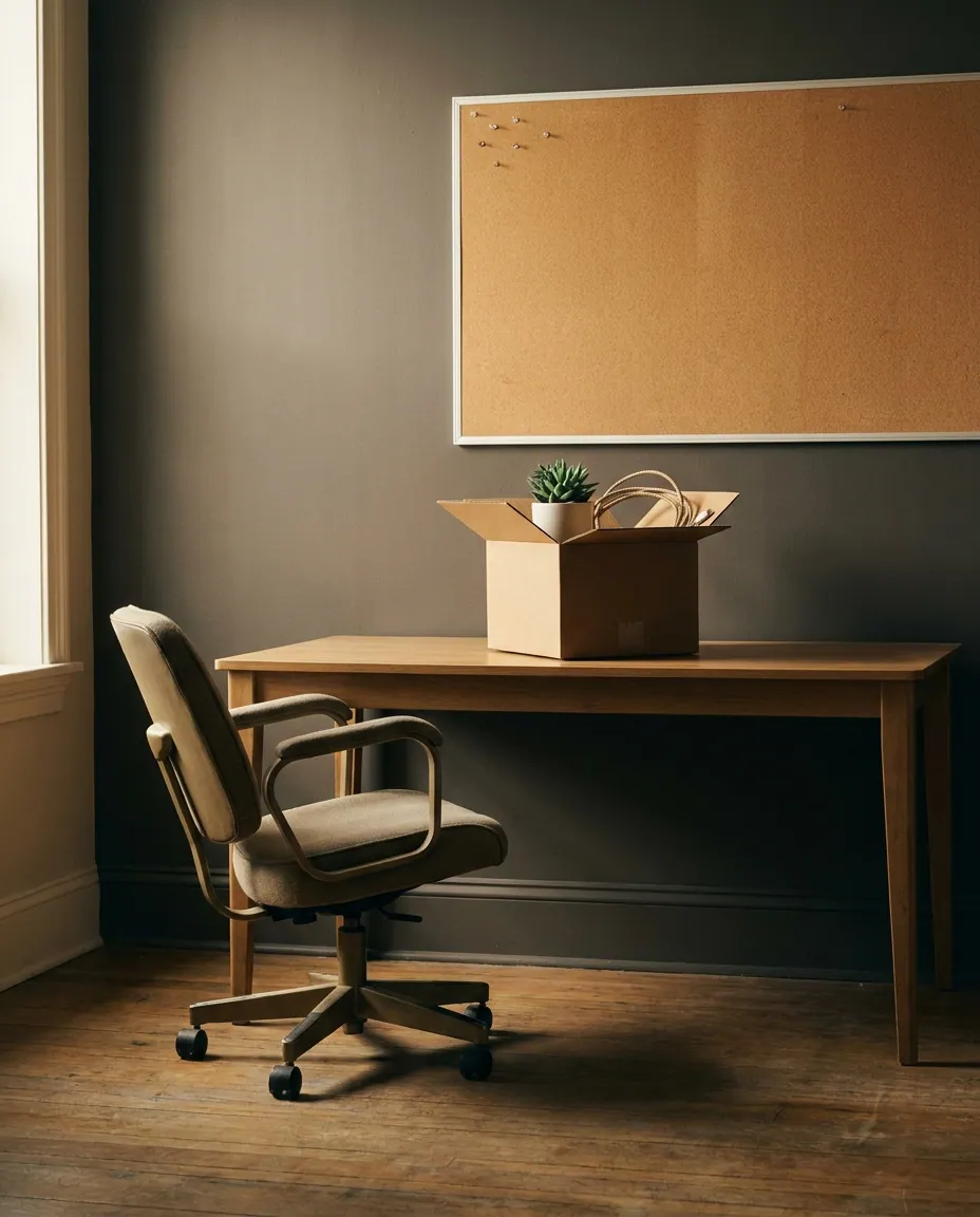 An emptied desk with a cardboard box and a pushed-back chair after a good employee's last day
