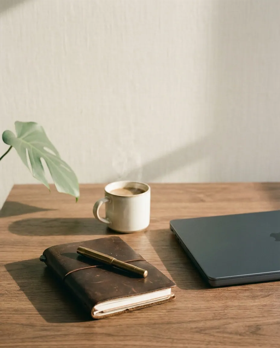 A calm cleared desk with a closed notebook and morning coffee