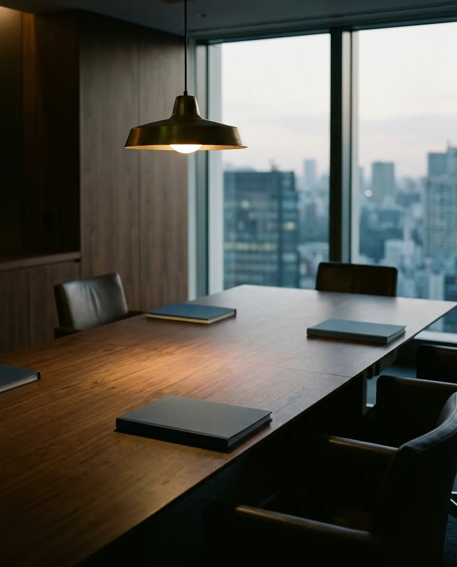 Bound financial reports set out on a boardroom table before a meeting