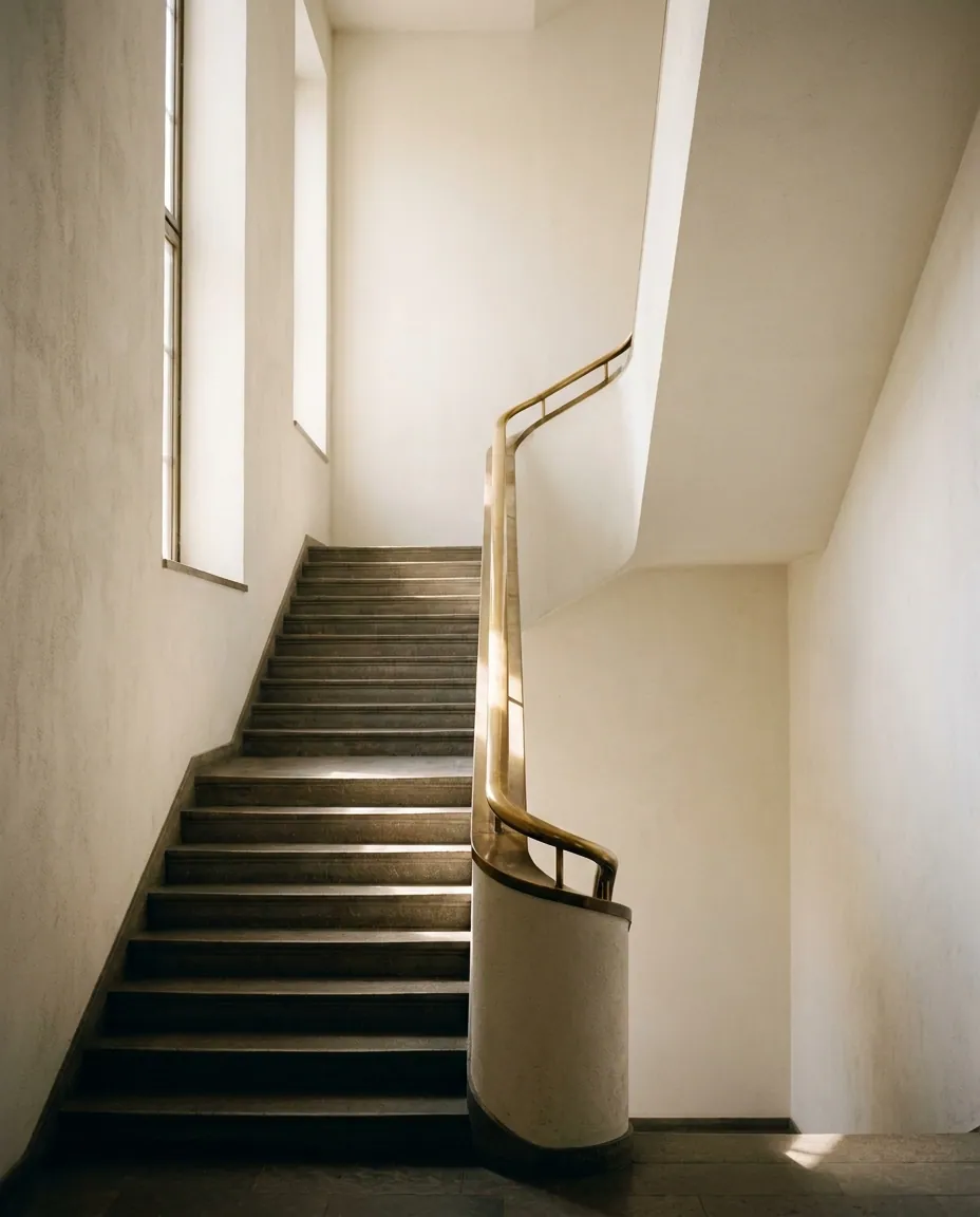 A brass-railed stairwell ascending through warm light