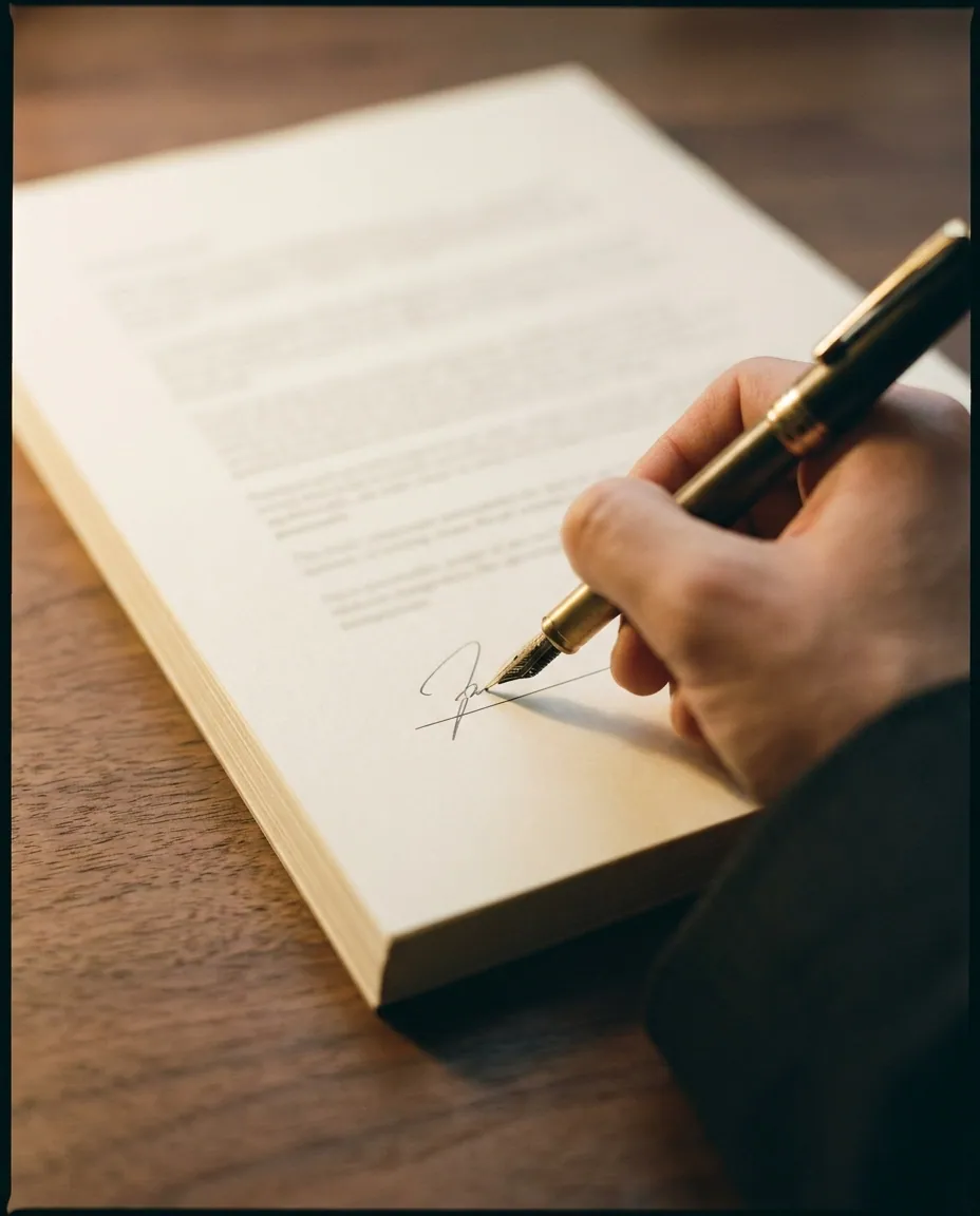 A hand signing a printed rules document with a fountain pen