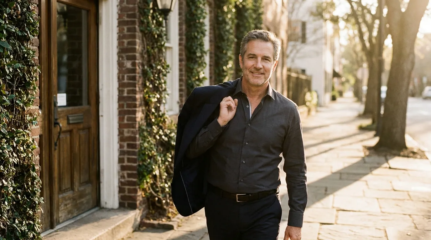 Home service business owner leaving the office in golden afternoon light